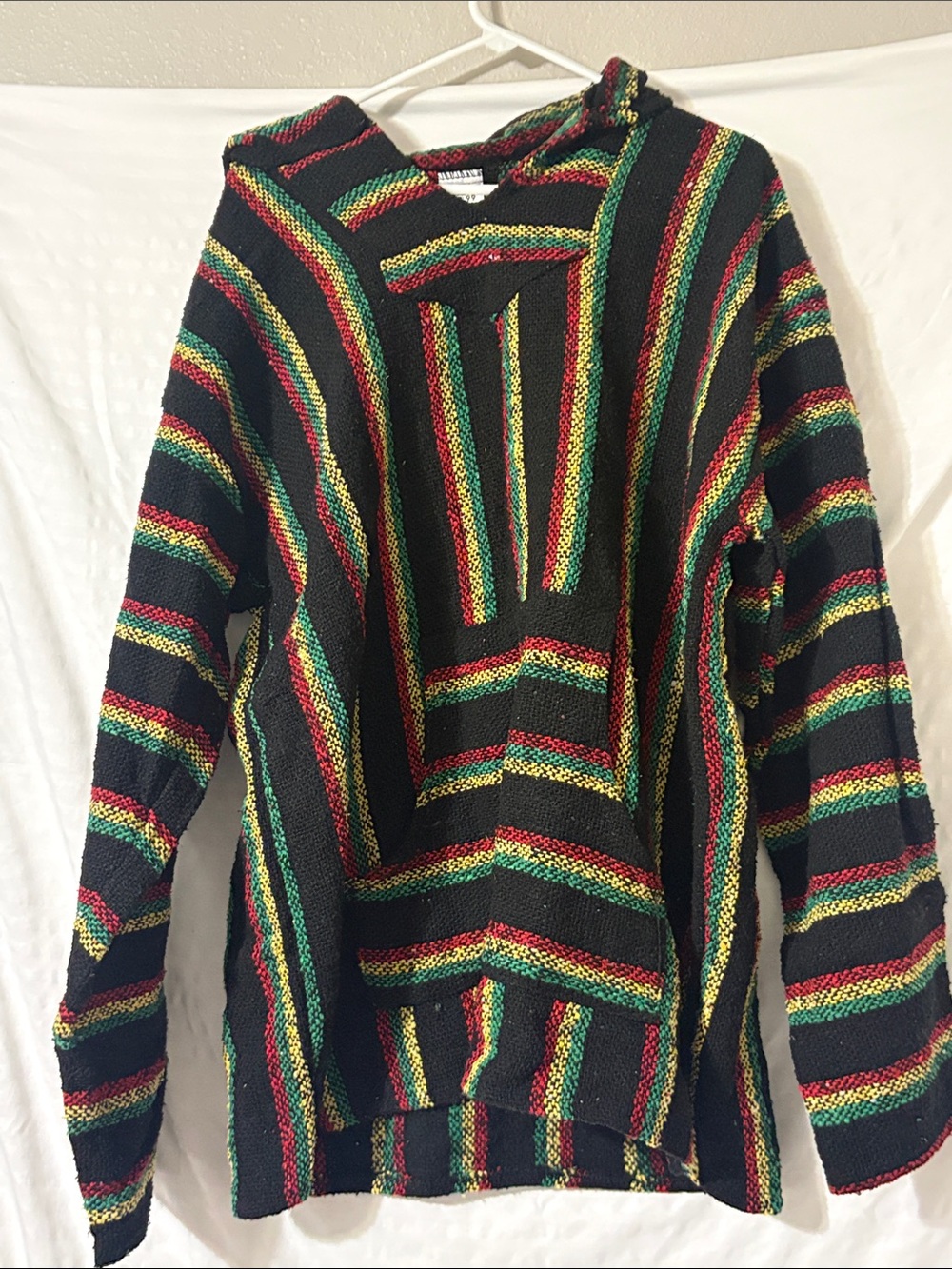 Men's Black Striped Baja-Style Crewneck Sweater with Red, Green & Yellow Accents